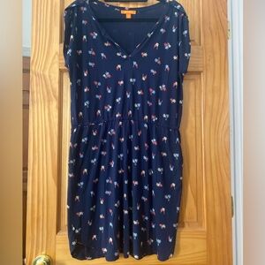 Joe Fresh Palm Tree Print Dress Navy Blue V-Neck Elastic Waist Size Large Summer